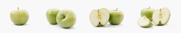 collage of whole and cut green apples on white background