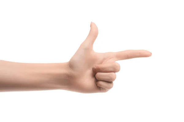 Vista Recortada Mujer Apuntando Derecha Con Dedo Aislado Blanco — Foto de Stock