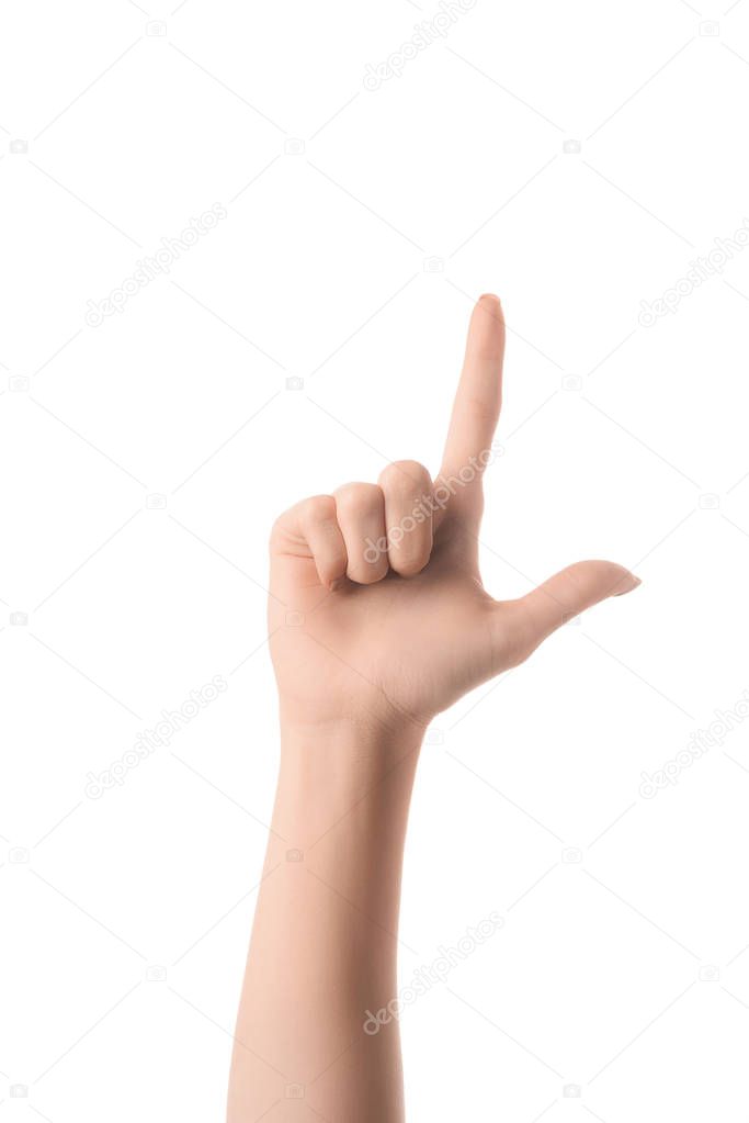 cropped view of woman showing letter L in deaf and dumb language isolated on white