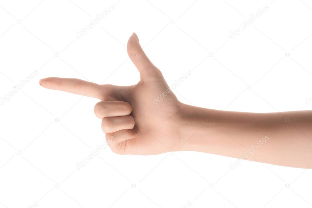 cropped view of woman pointing left with finger isolated on white