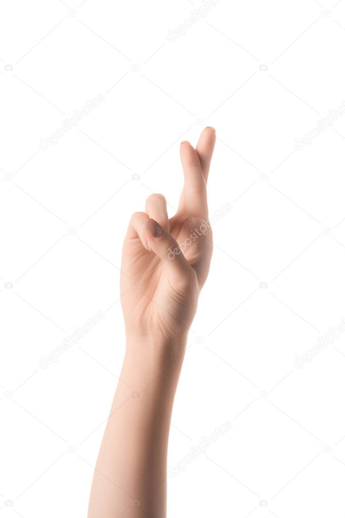 Cropped view of woman showing letter R in deaf and dumb language isolated on white