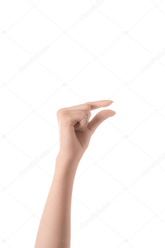 cropped view of woman showing size gesture with hand isolated on white
