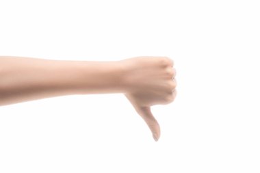partial view of woman showing thumb down sign isolated on white clipart