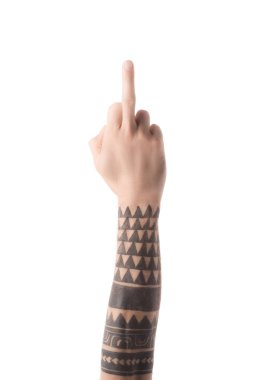 cropped view of tattooed man showing middle finger isolated on white clipart