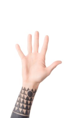 partial view of tattooed man showing number 5 in sign language isolated on white clipart