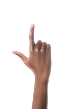 cropped view of african american man showing letter L in deaf and dumb language isolated on white clipart
