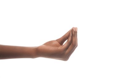 Afrika kökenli Amerikalı adam ile el eller ve üzerinde beyaz izole bir şey soran kırpılmış görünümü
