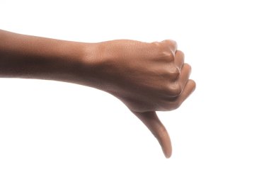 partial view of african american man showing thumb down sign isolated on white clipart