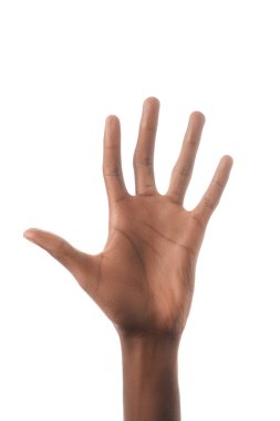 Afrika kökenli Amerikalı adam beyaz izole sayı 5 işaret dili gösterilen kısmi görünümünü