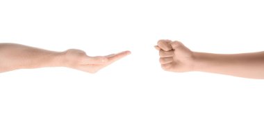 cropped view of one hand with fig gesture and other one asking for money isolated on white  clipart