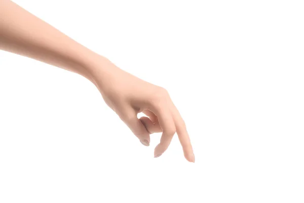 白で隔離の指で慎重に扱っている女性のトリミング ビュー — ストック写真