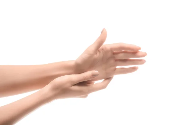 Vista Ritagliata Delle Mani Della Donna Toccando Isolato Bianco — Foto Stock
