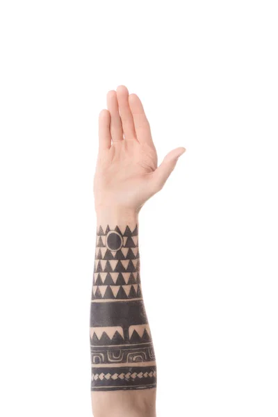 Μερική Άποψη Της Χειρός Τατουάζ Άνθρωπος Απομονωθεί Λευκό — Φωτογραφία Αρχείου