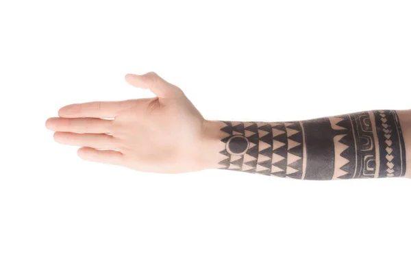 Bijgesneden Weergave Van Tattooed Man Hand Geïsoleerd Wit — Gratis stockfoto
