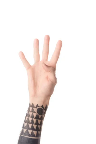 Partial View Tattooed Man Showing Number Sign Language Isolated White — Free Stock Photo