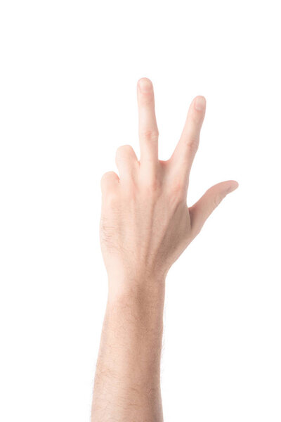partial view of man showing number 3 in sign language isolated on white
