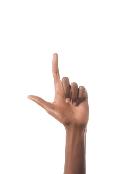 частичный взгляд американец показывает букву L в глухом и немом языке изолированы на белом
