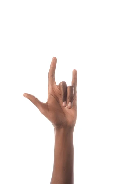 白で隔離聾唖の言語でキリル文字を示すアフリカ系アメリカ人のトリミング ビュー — ストック写真