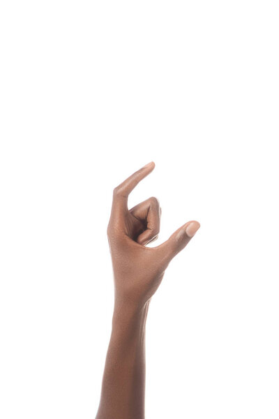 обрезанный вид африканского американца, показывающий букву из кириллицы в глухом и немом языке, изолированном на белом
