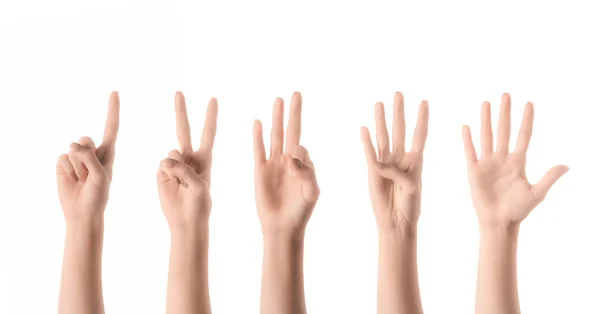 Collage Kvinna Visar Siffror Med Händerna Isolerade Vit — Stockfoto