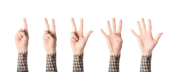 Collage Del Hombre Tatuado Mostrando Números Con Las Manos Aisladas — Foto de Stock