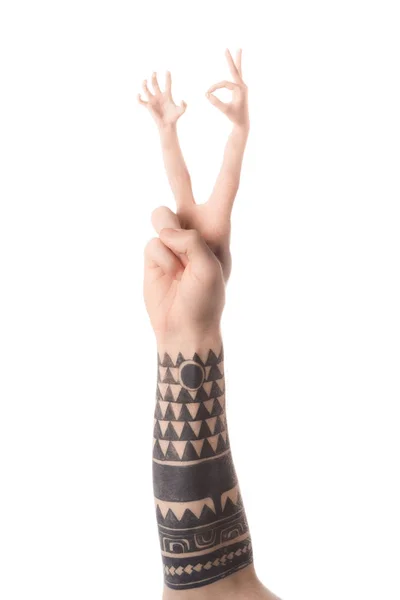 Cropped View Tattooed Hand Gesturing Showing Sign Isolated White — Free Stock Photo