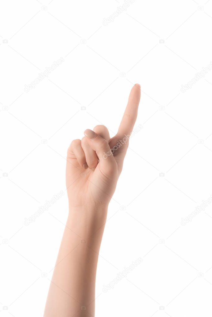 cropped view of woman showing number 1 in sign language isolated on white