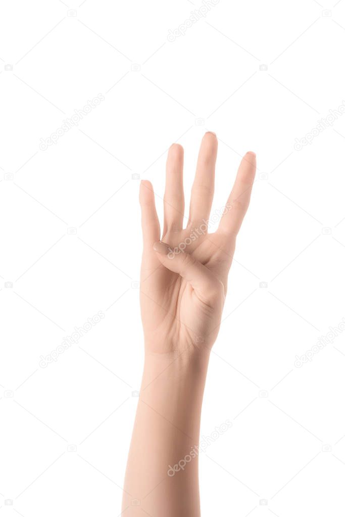 partial view of woman showing number 4 in sign language isolated on white