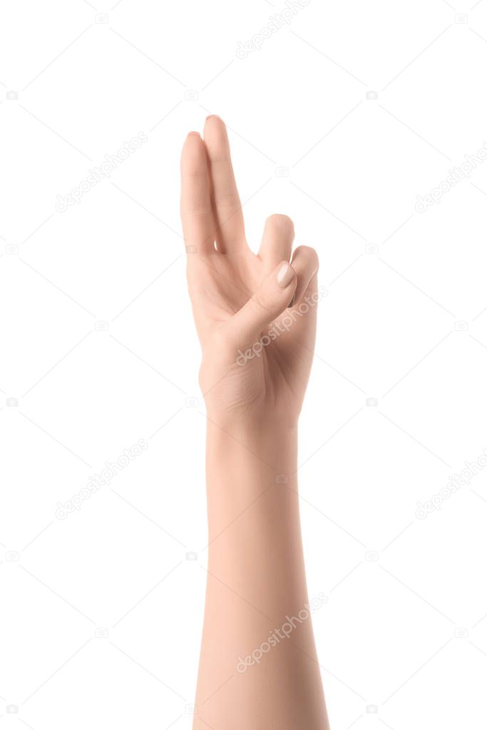 Cropped view of woman showing letter U in deaf and dumb language isolated on white