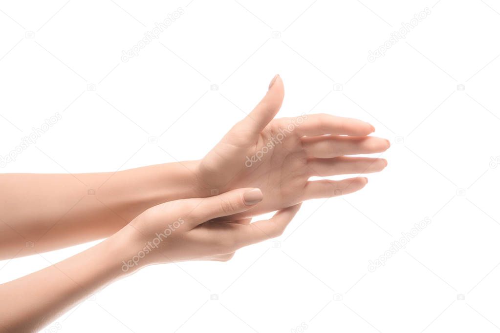 cropped view of woman hands touching isolated on white