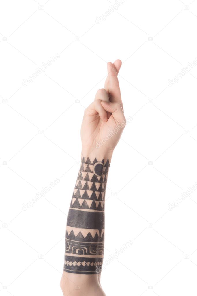 Cropped view of tattooed man showing letter R in deaf and dumb language isolated on white