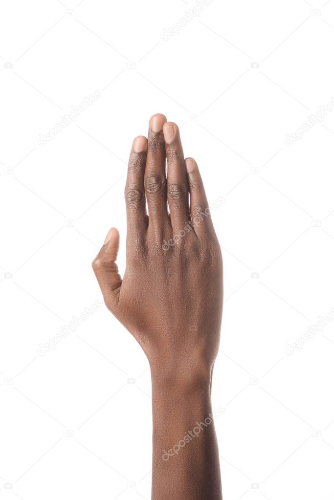 cropped view of african american man hand isolated on white