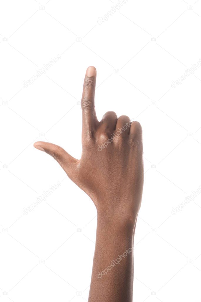 Cropped view of african american man showing letter L in deaf and dumb language isolated on white