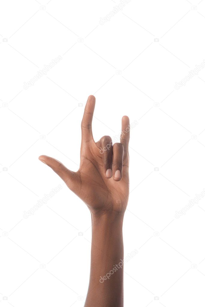 cropped view of african american man showing cyrillic letter in deaf and dumb language isolated on white