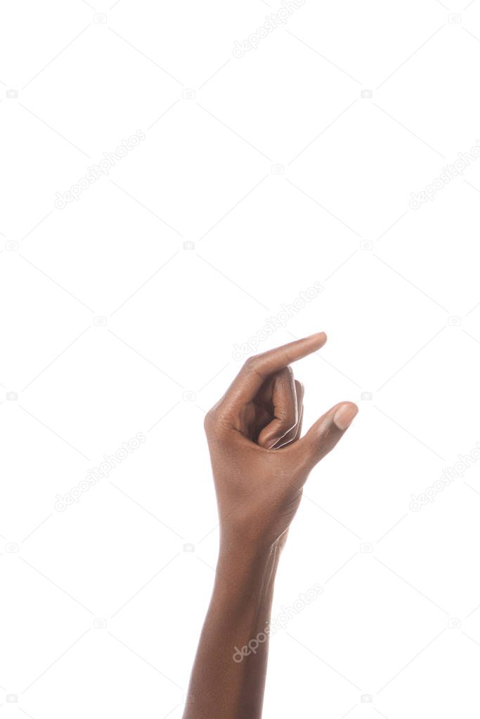 partial view of african american man showing size gesture with hand isolated on white