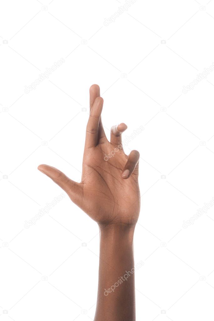 Cropped view of african american man showing letter R in deaf and dumb language isolated on white