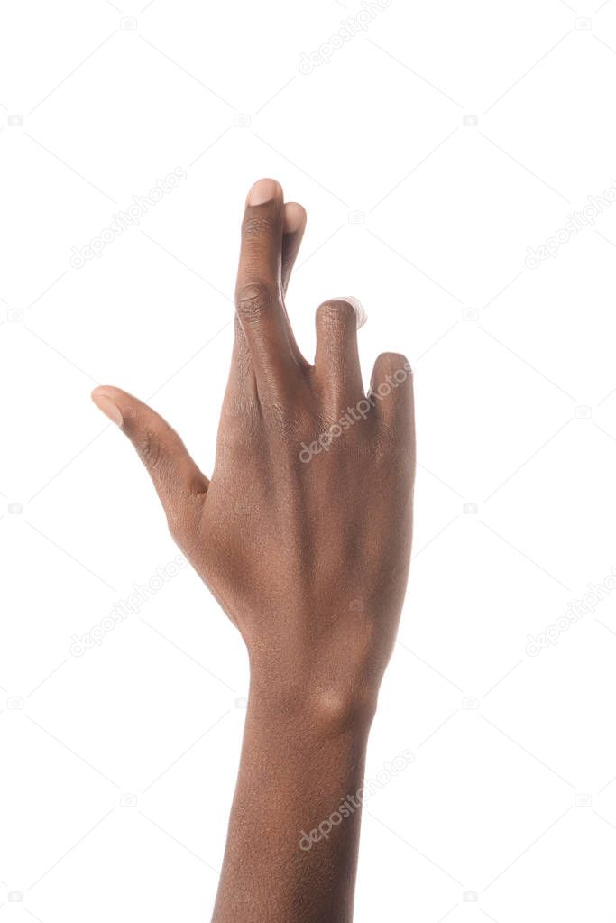 partial view of african american man showing letter R in deaf and dumb language isolated on white