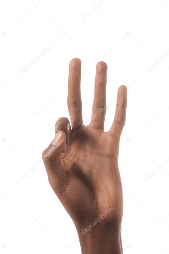 Cropped view of african american man showing letter F in deaf and dumb language isolated on white