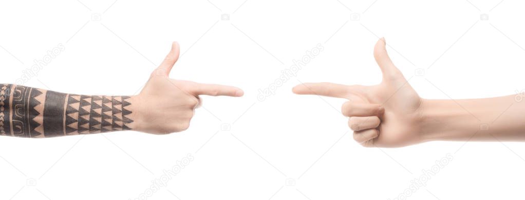 cropped view of men pointing with fingers at each other isolated on white