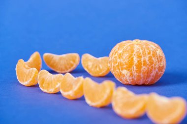 selective focus of tangerine slices near peeled clementine on blue background clipart