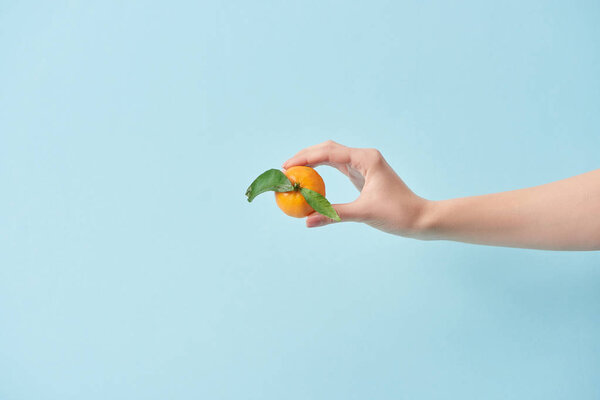 cropped view of woman holding tasty tangerine in hand isolated on blue 