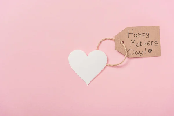 Paper Heart Wooden Label Happy Mothers Day Greeting Text Pink — Stock Photo, Image