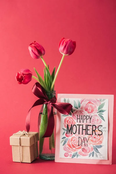 Happy Mothers Day Greeting Card Bouquet Red Tulips Red Satin — Stock Photo, Image