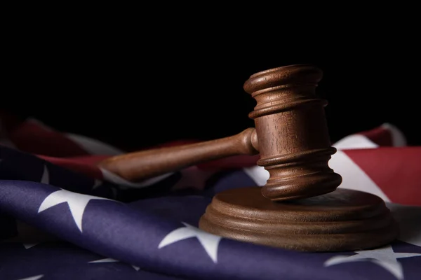 Wooden Brown Gavel American Flag Isolated Black — Stock Photo, Image