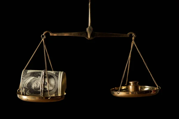 Cash Roll Dollar Banknotes Vintage Golden Scales Isolated Black â Stock Photo