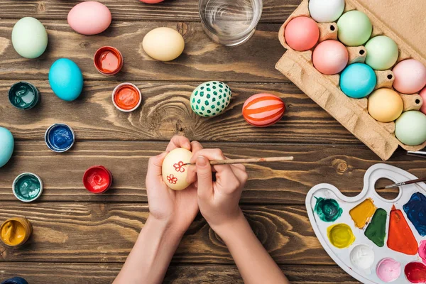 Partial View Woman Painting Easter Eggs Wooden Table Paints Color — Stock Photo, Image
