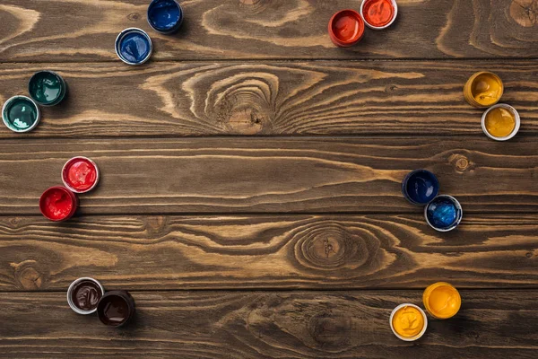 Draufsicht Auf Bunte Acrylfarben Auf Holzoberfläche Mit Kopierraum — Stockfoto