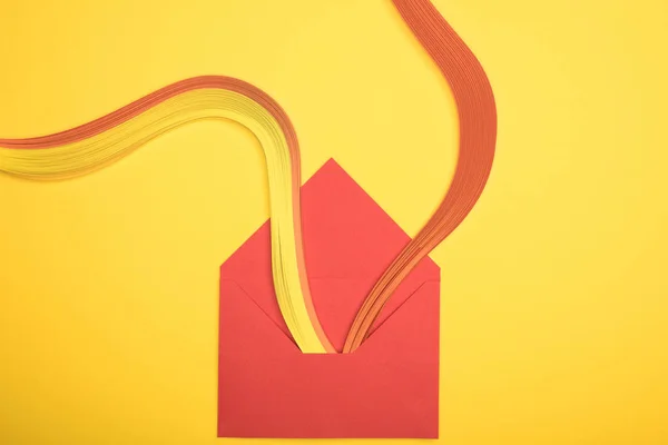 Top View Opened Red Envelope Rainbow Yellow Background — Stock Photo, Image