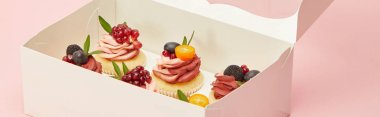 pembe izole karton kutu içinde çilek ve meyve ile cupcakes panoramik çekim