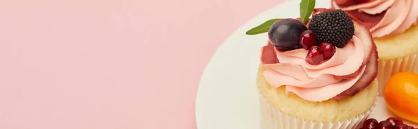 ピンクで分離されたプレート上の果物やベリーとカップケーキのパノラマショット — ストック写真